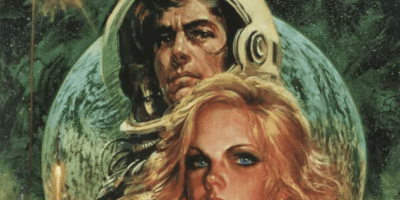 Astronaut and a beautiful woman gazing out at space.