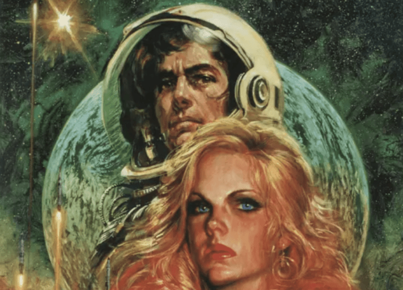 Astronaut and a beautiful woman gazing out at space.