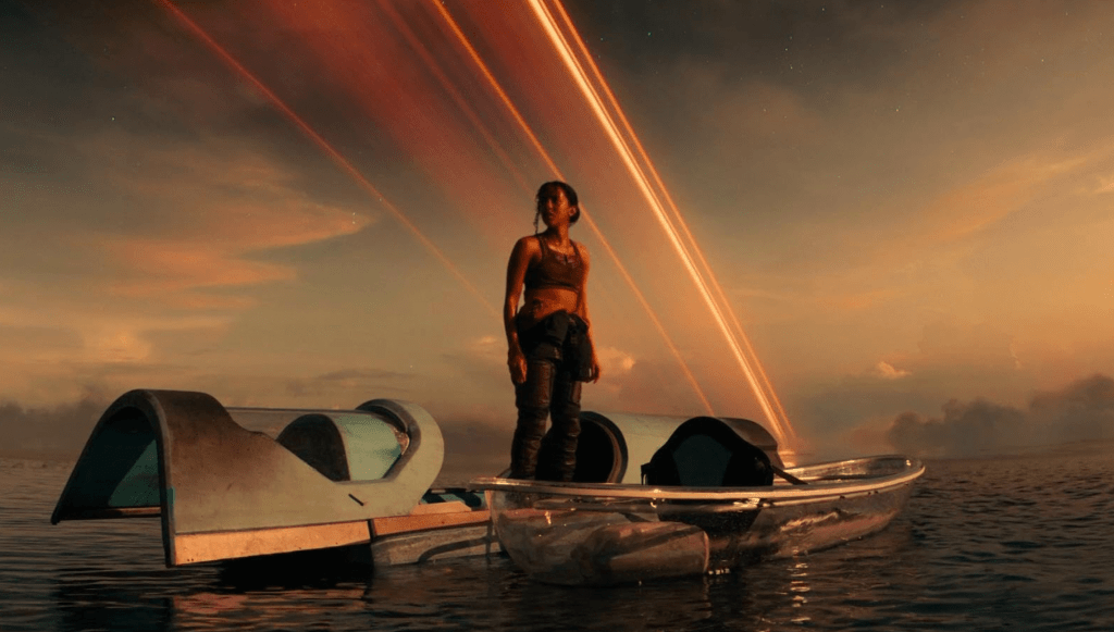 A girl on a futuristic-looking sci-fi canoe gazing iup at an alien sky.