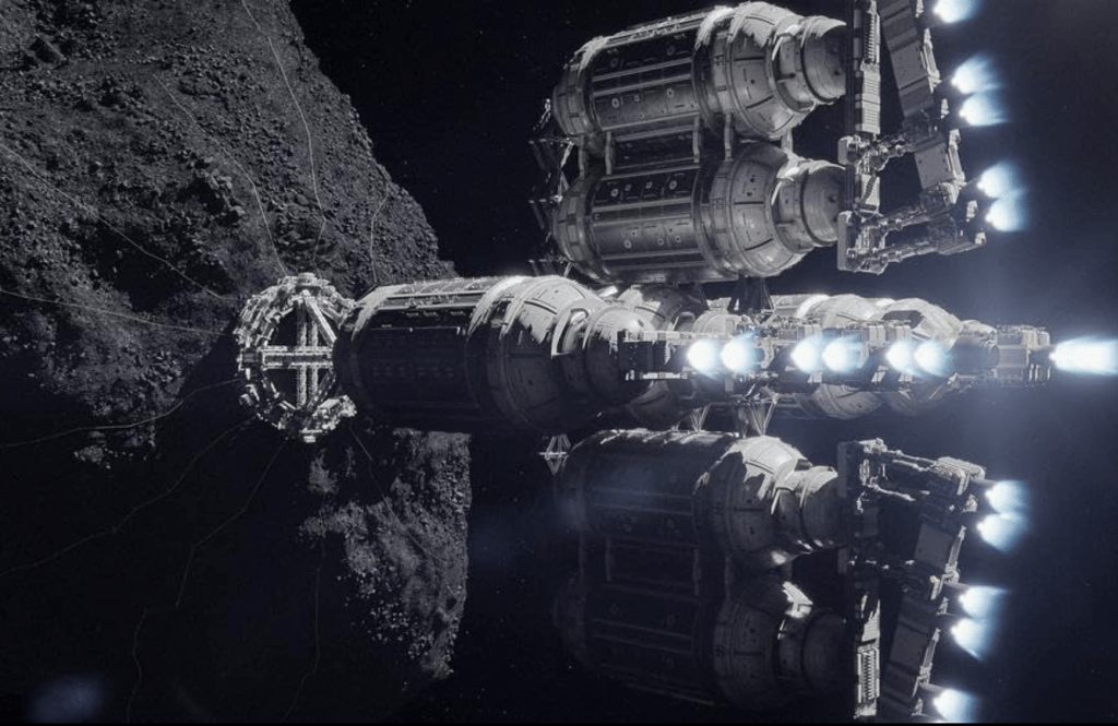 Spaceship pushing an asteroid away in Apple's For All Mankind