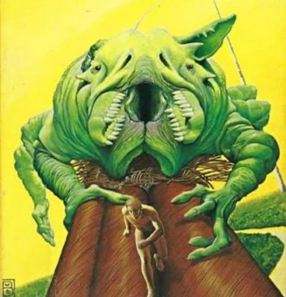 Giant green beast stalks a tiny human on a far-future earth